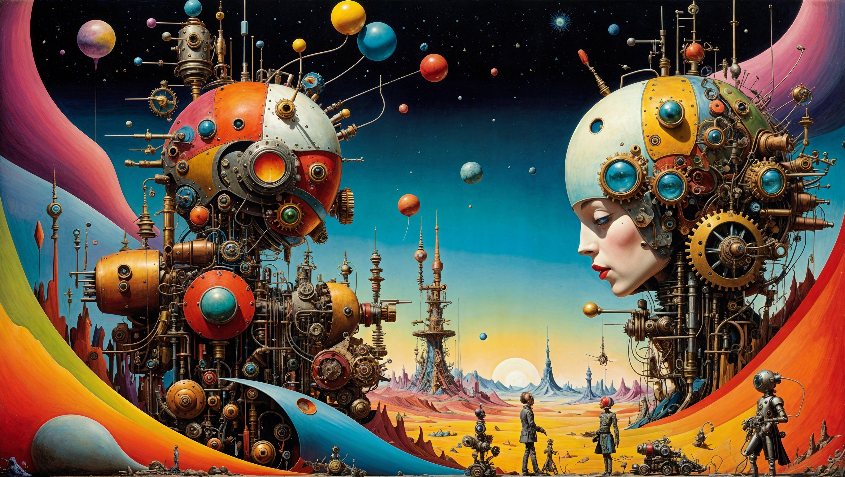 Futuristic Scene with Robotic Figures in Surreal Landscape