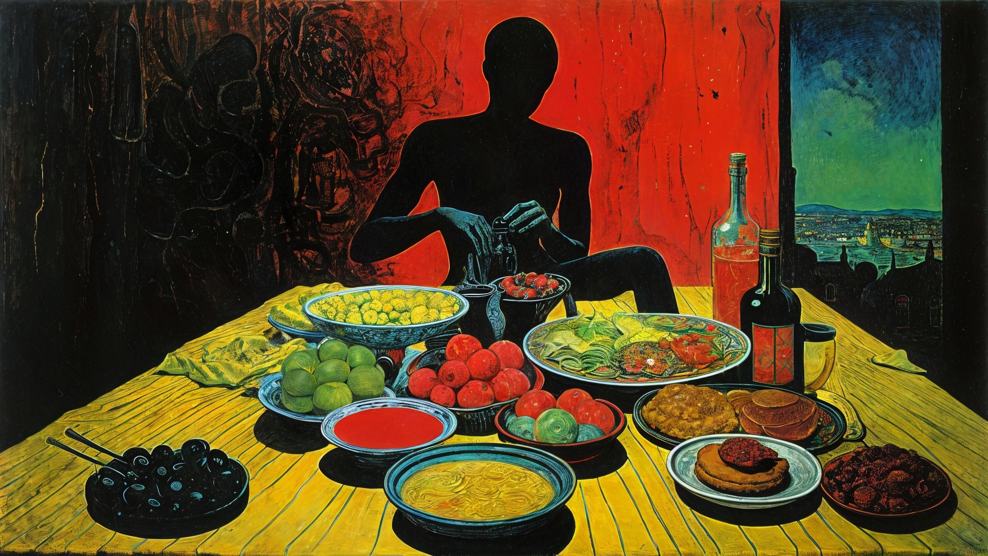 Vibrant Still Life with Colorful Dishes and Food