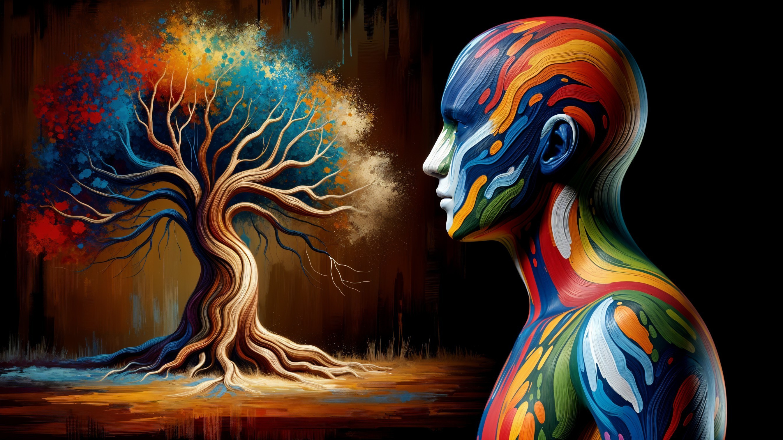 Abstract Tree and Colorful Human Figure Composition