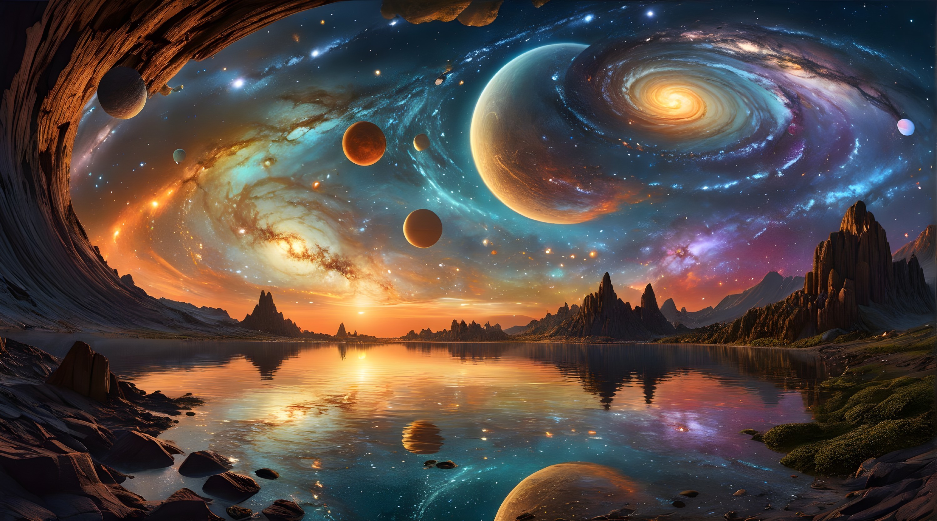 Cosmic Landscape with Galaxies and Serene Lake
