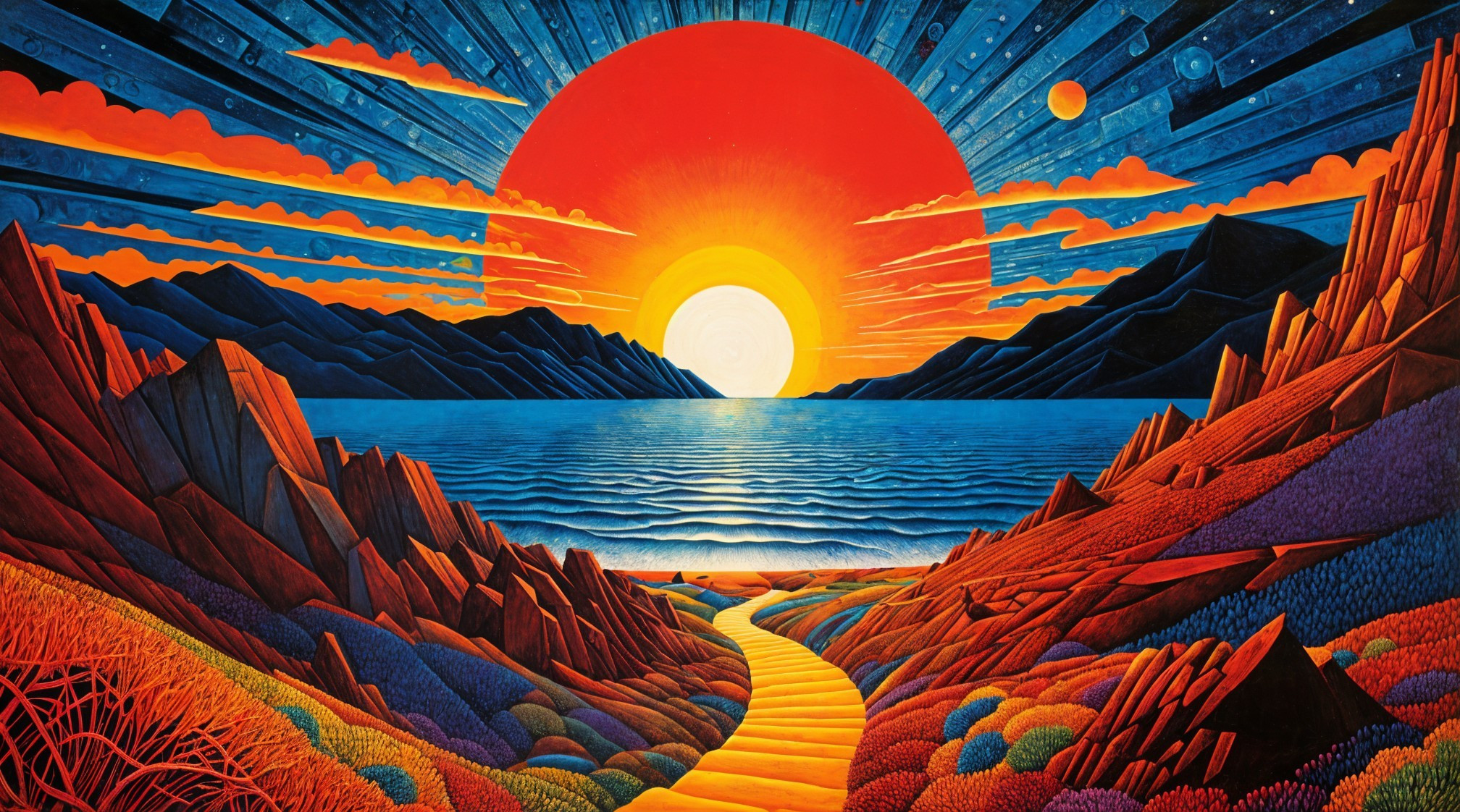 Vibrant Sunset Landscape with Ocean and Mountains