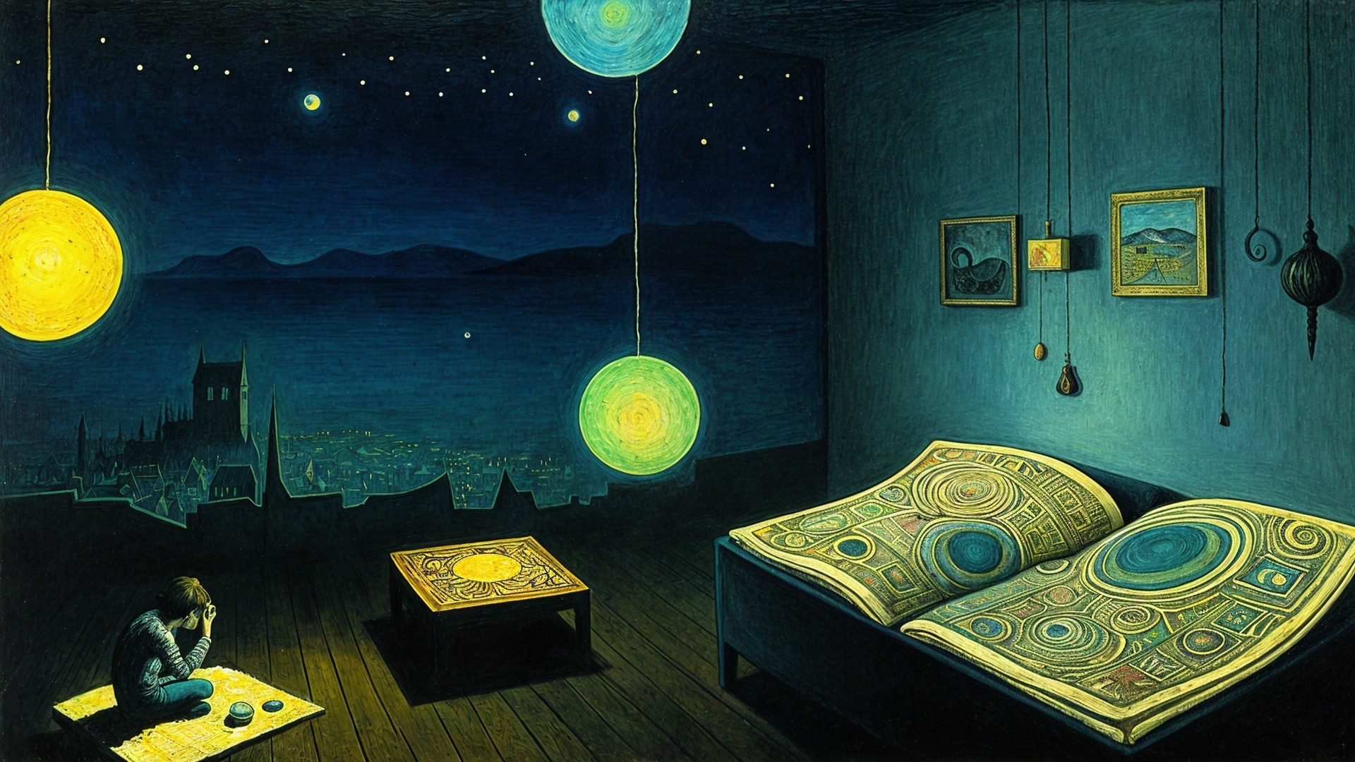 Thoughtful Figure in Dim Room with Celestial Orbs