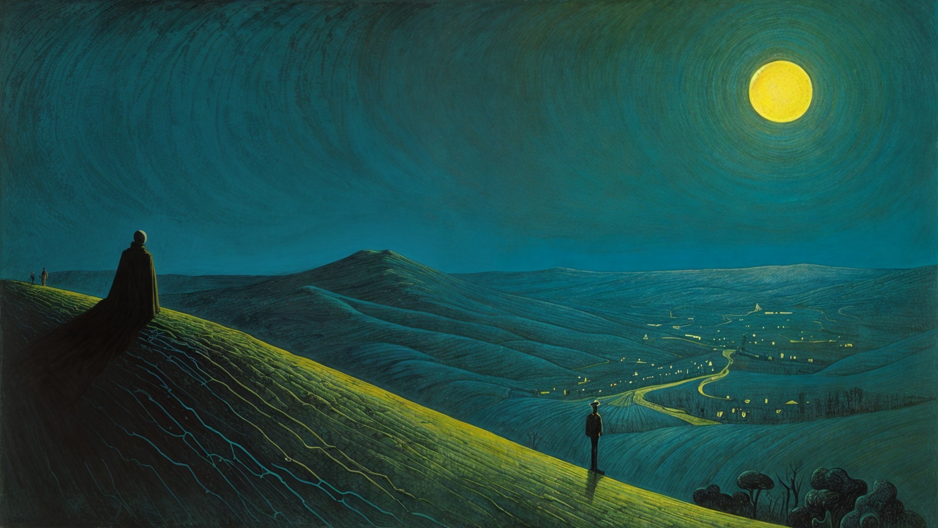 Serene Landscape with Vibrant Night Sky and Moon