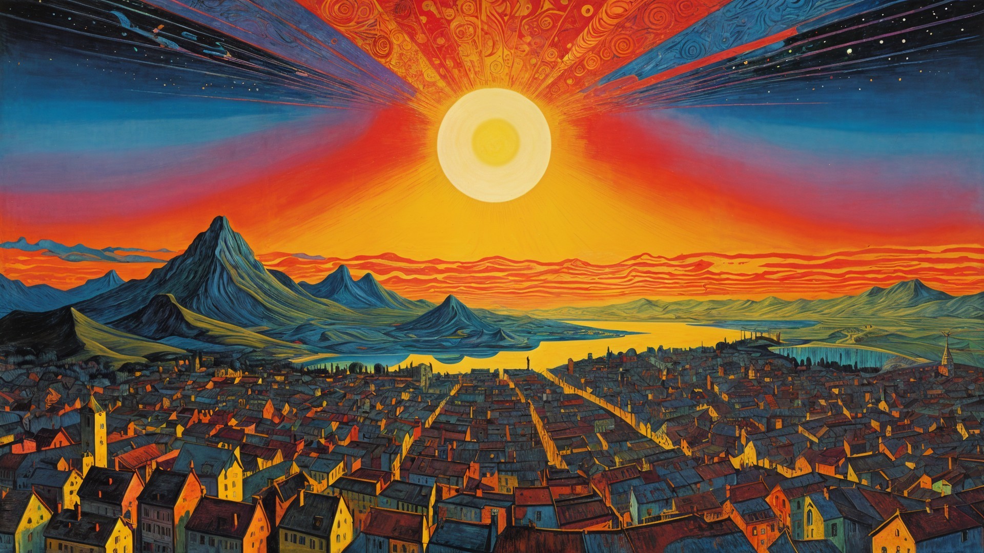 Vibrant City Landscape at Dusk with Majestic Mountains