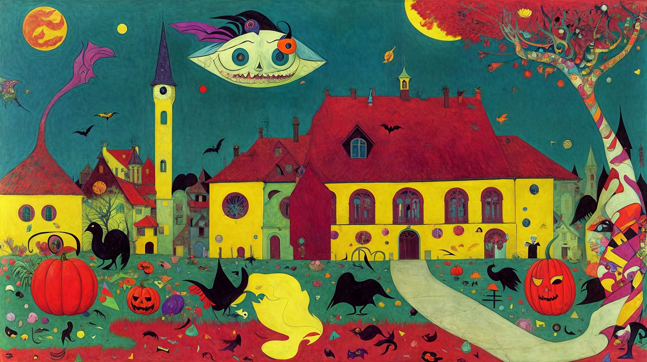 Colorful Halloween Scene with House, Pumpkins, and Moon