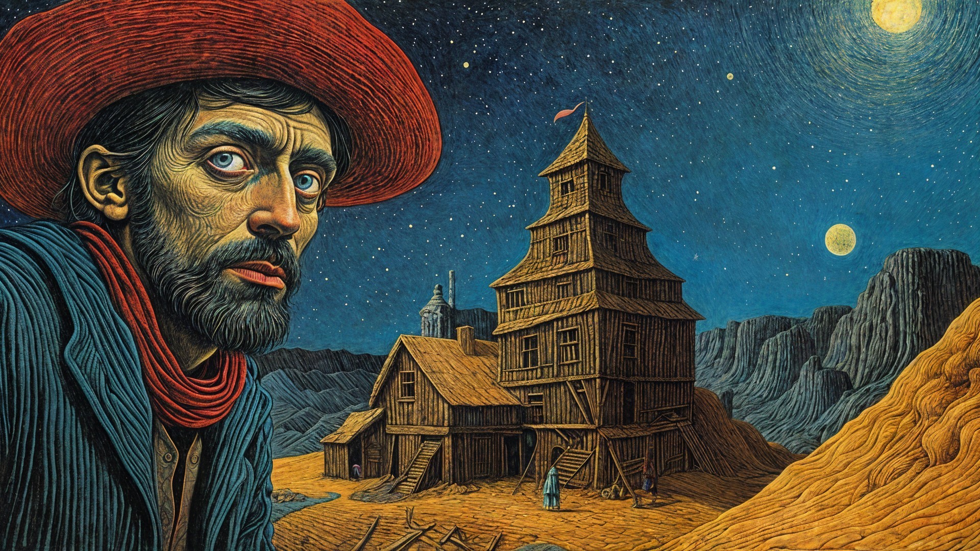 Rugged Cowboy in Surreal Night Sky Landscape