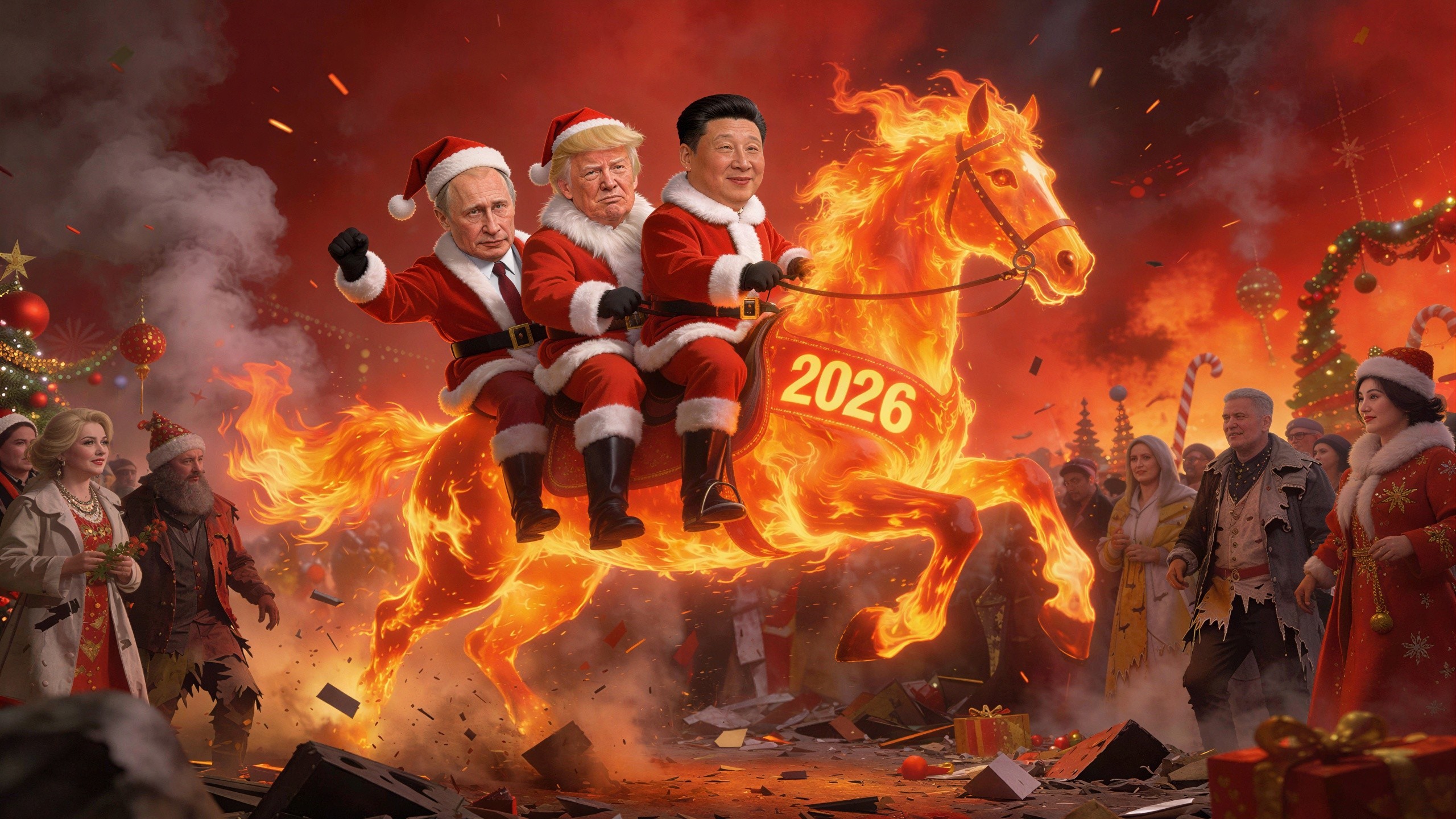 Nightmarish Christmas Scene with Political Figures as Santas