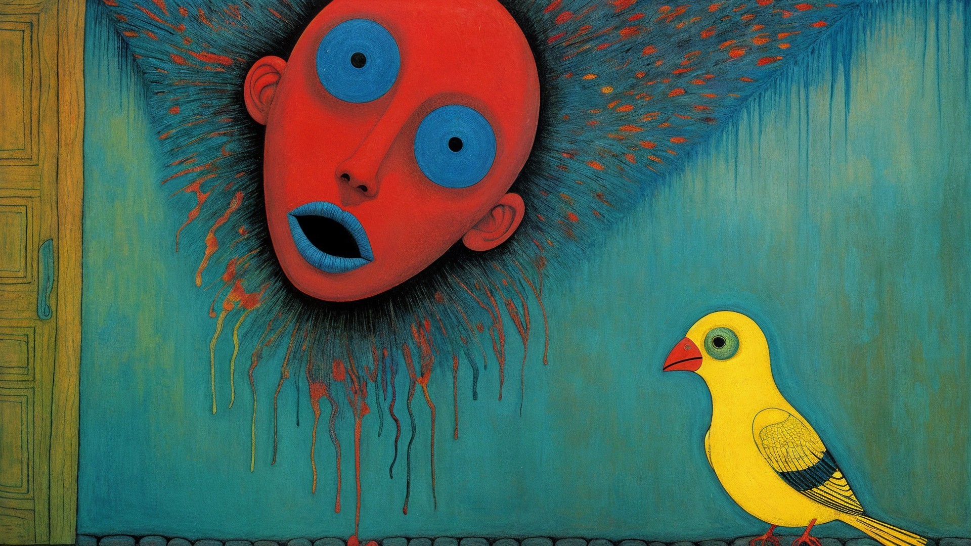 Surreal Artwork with Red Face and Yellow Bird
