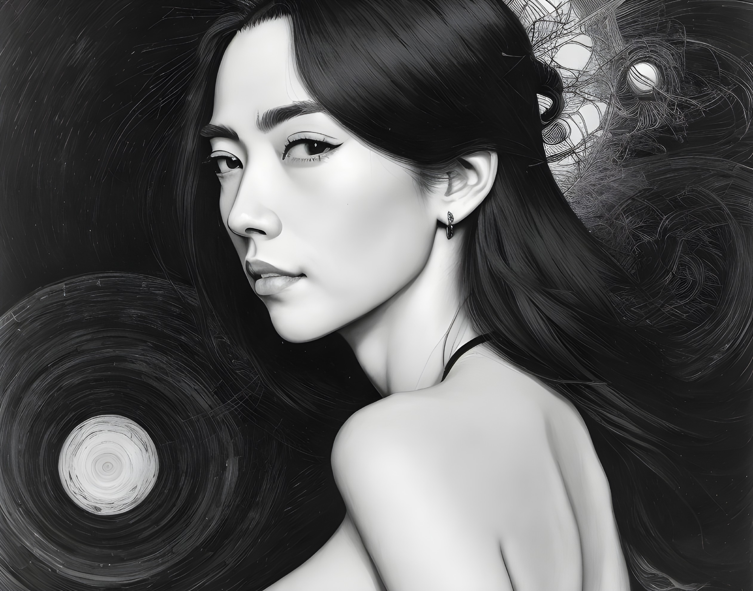 Monochrome Portrait of a Woman with Flowing Hair