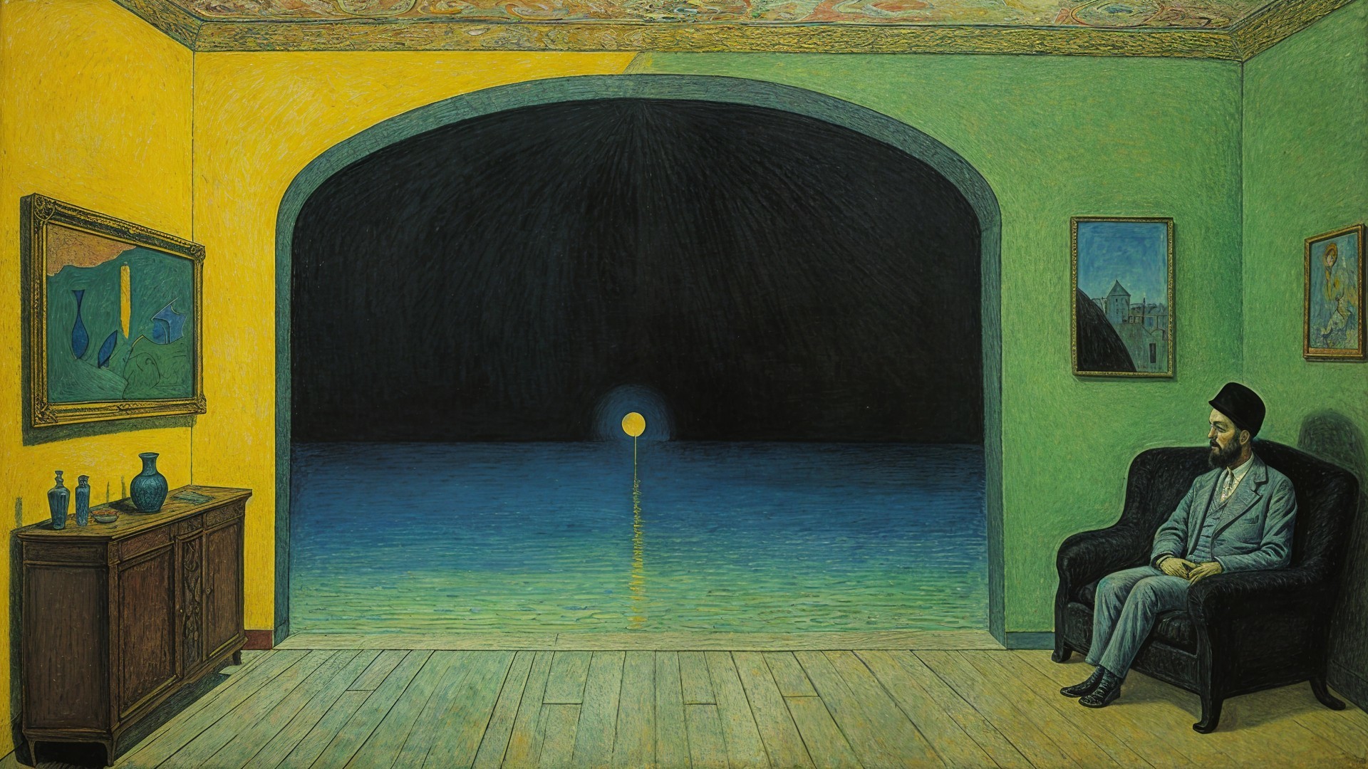 Surreal Interior Scene with Yellow and Green Walls