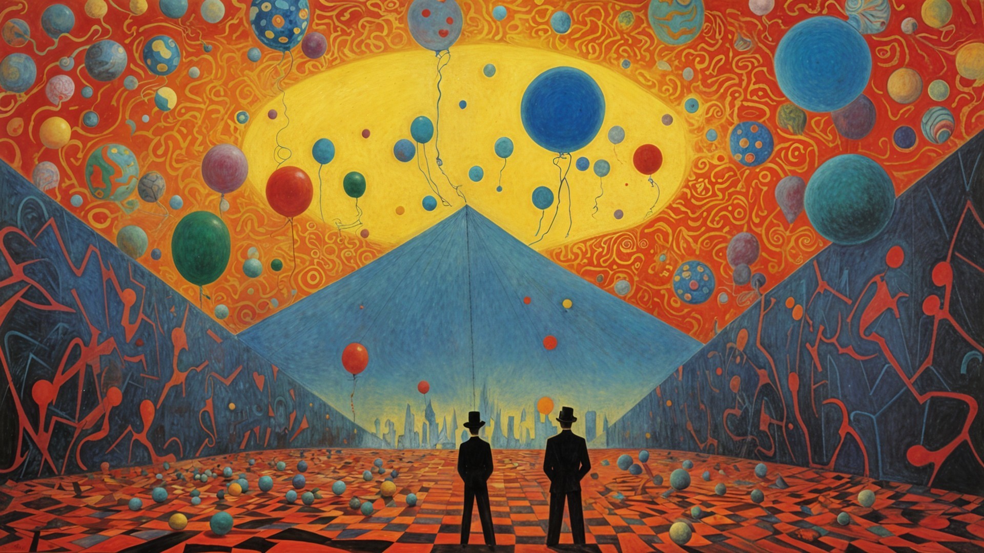 Silhouetted Figures on Checkered Floor with Balloons