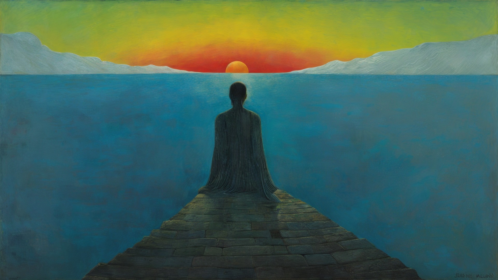 Solitary figure at tranquil pier during sunset