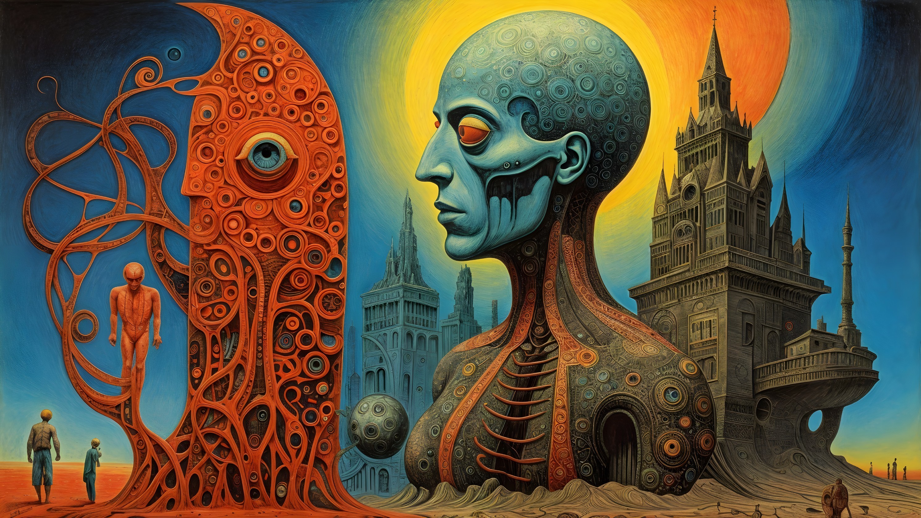 Surreal Landscape with Humanoid Head and Mechanical Entity