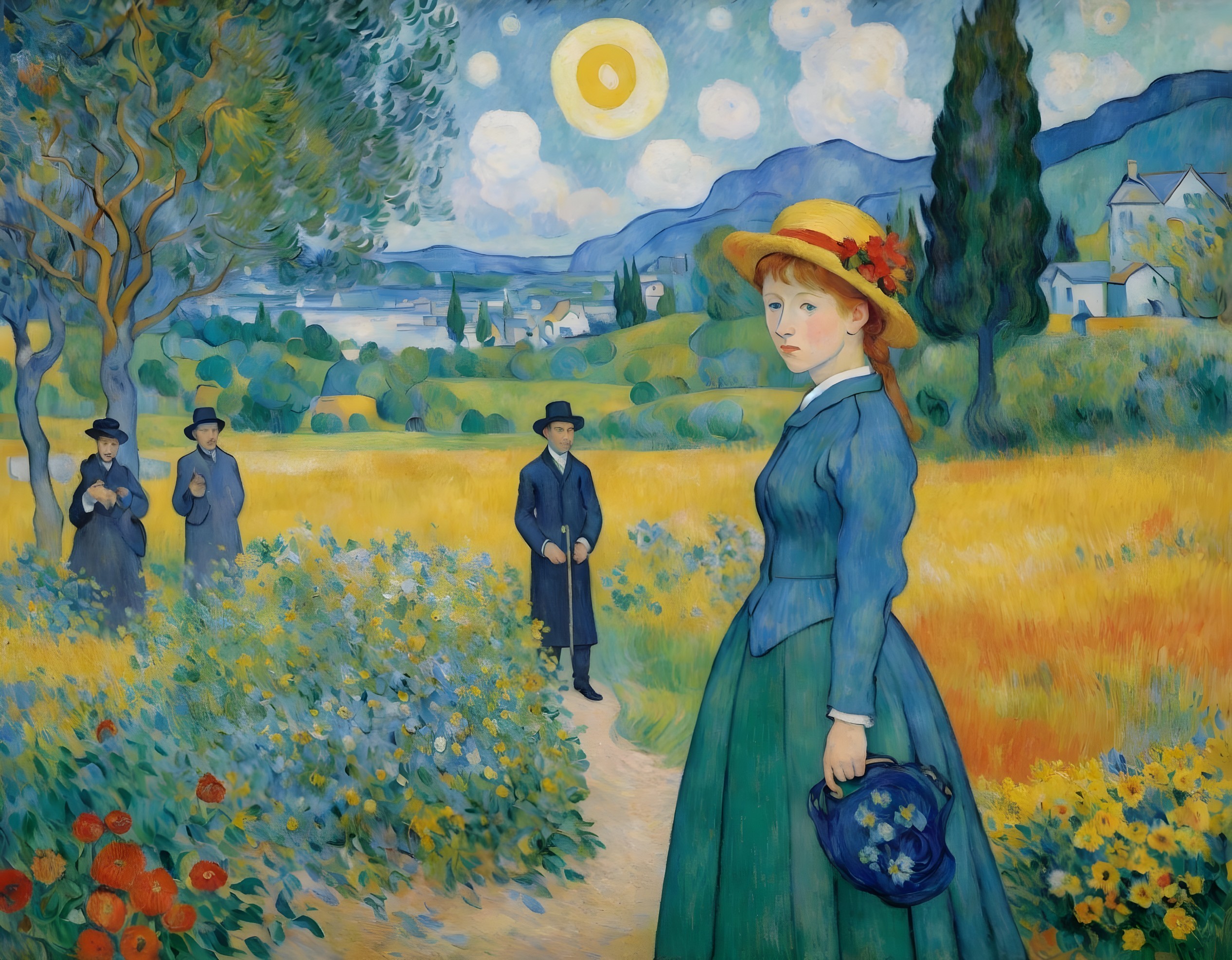 Vibrant Sunlit Landscape with Figures and Flowers