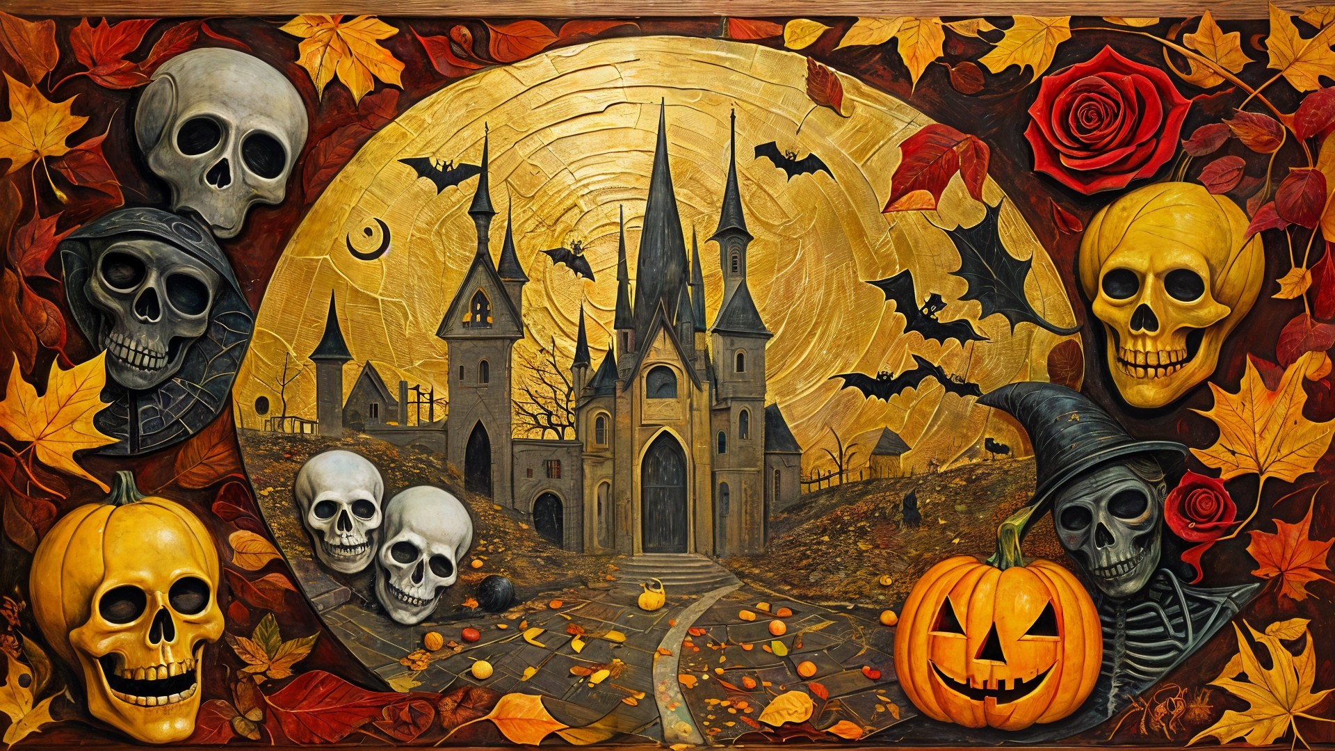 Gothic Castle Halloween Scene with Pumpkins and Bats