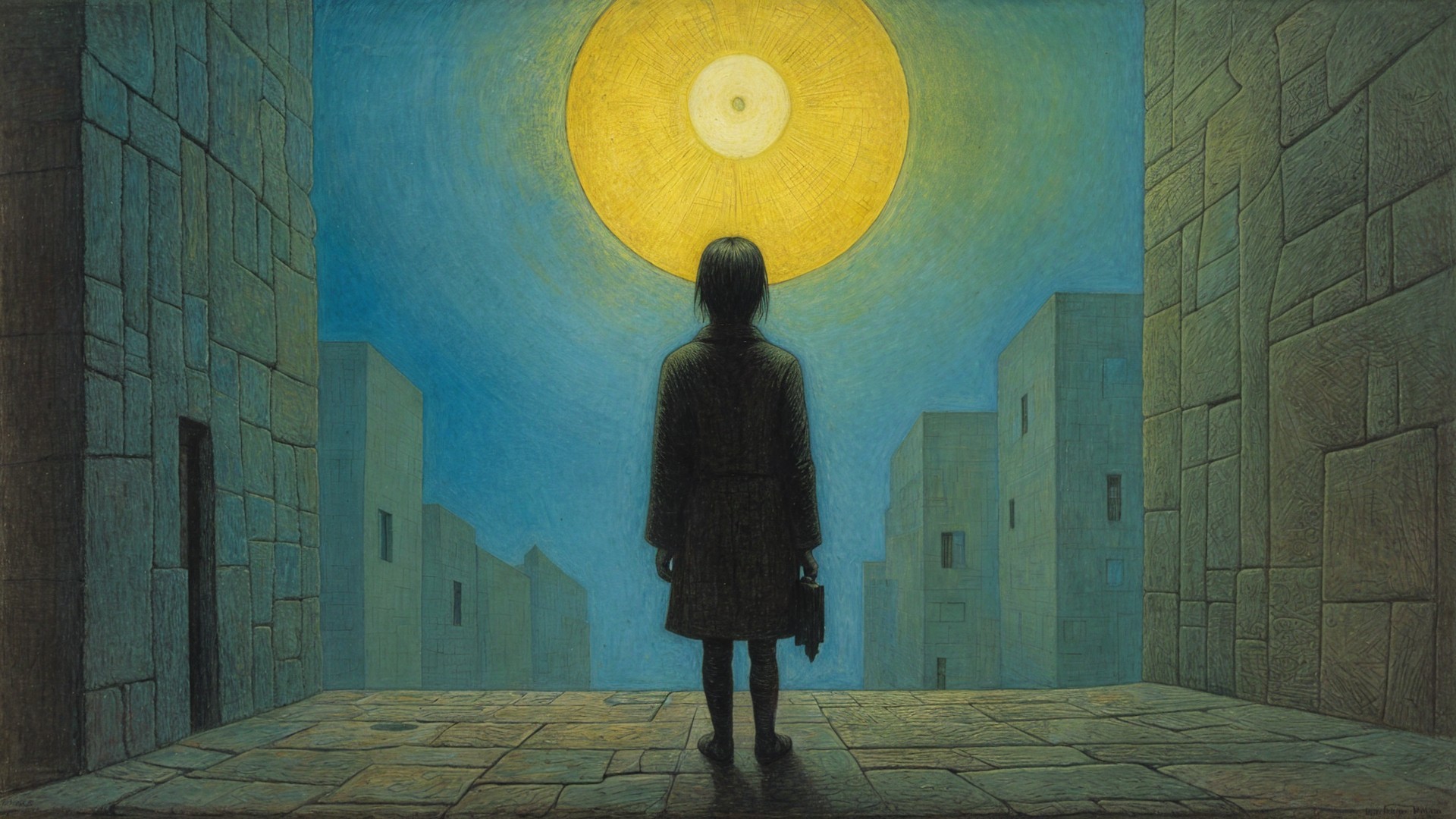 Figure in Geometric Urban Landscape with Glowing Sun