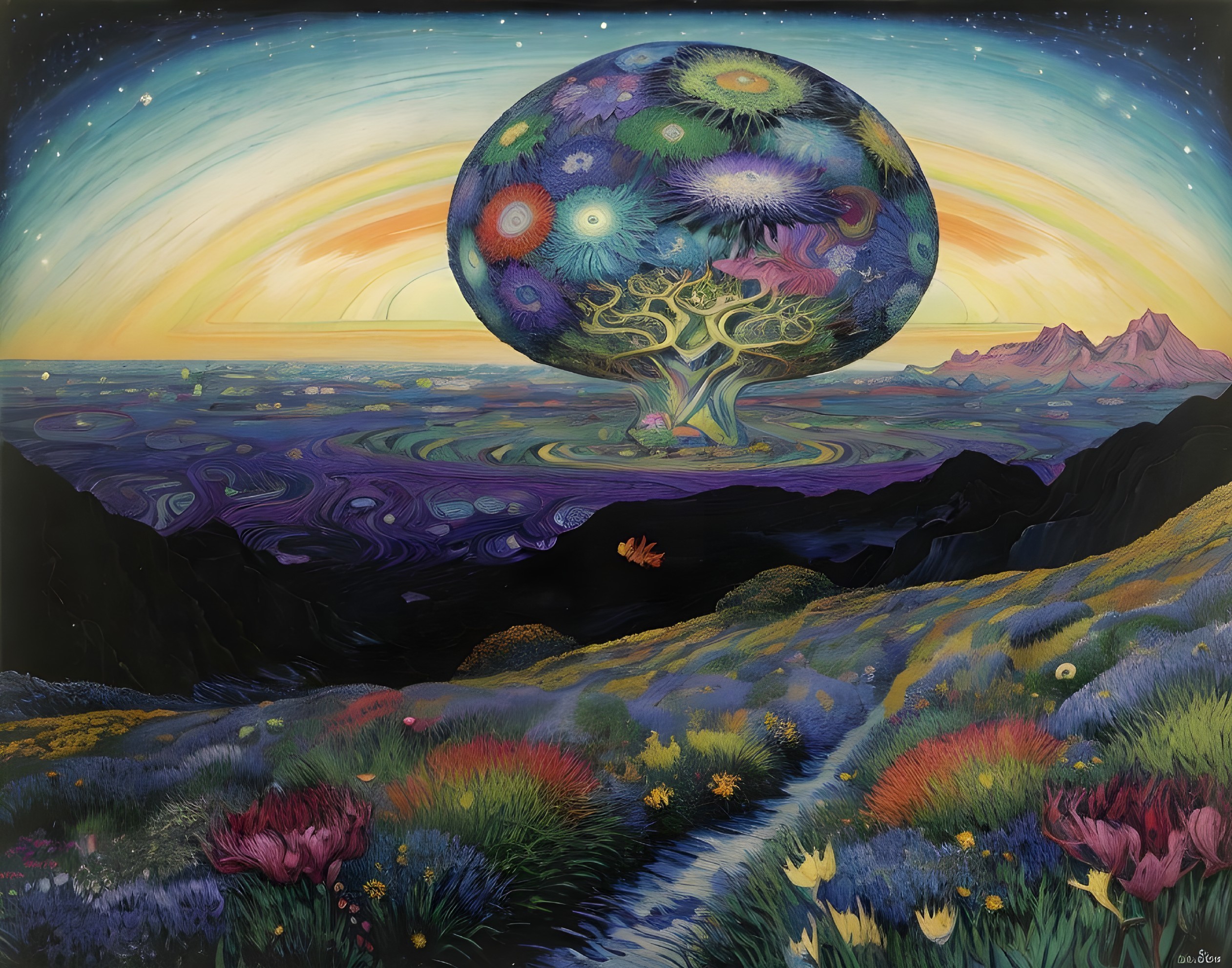 Surreal Landscape with Colorful Tree and Vivid Flora