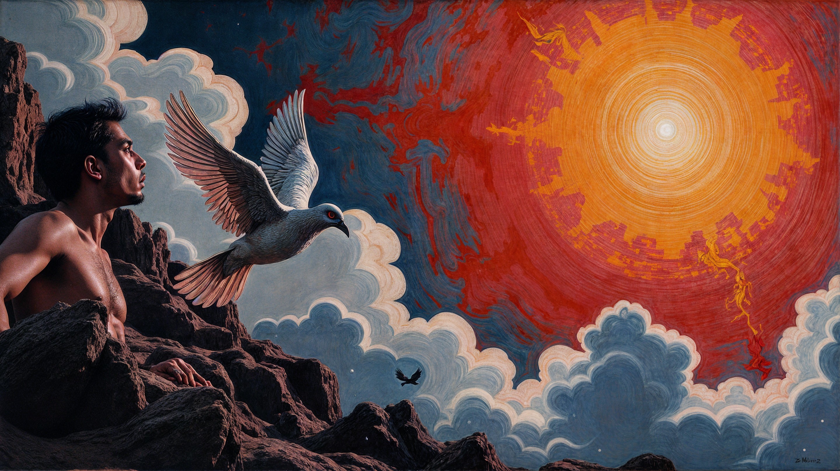 Man on Rocks Gazing at Vibrant Sun and Bird