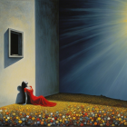 Woman in Red Dress Gazing at Sunlit Window