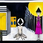Surreal Scene with Stylized Figures and Geometric Shapes