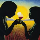 Silhouetted Figures with Chalice at Vibrant Sunset
