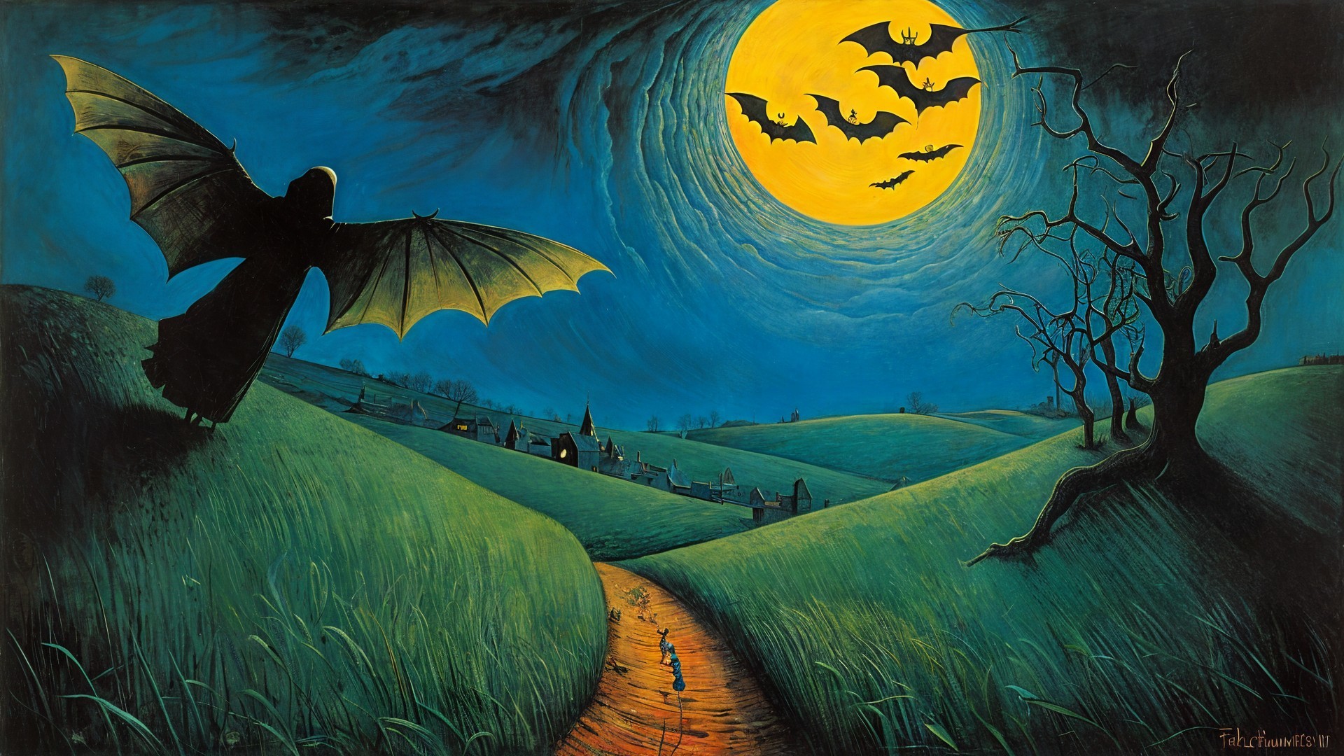 Haunting Landscape with Moon, Bats, and Silhouette