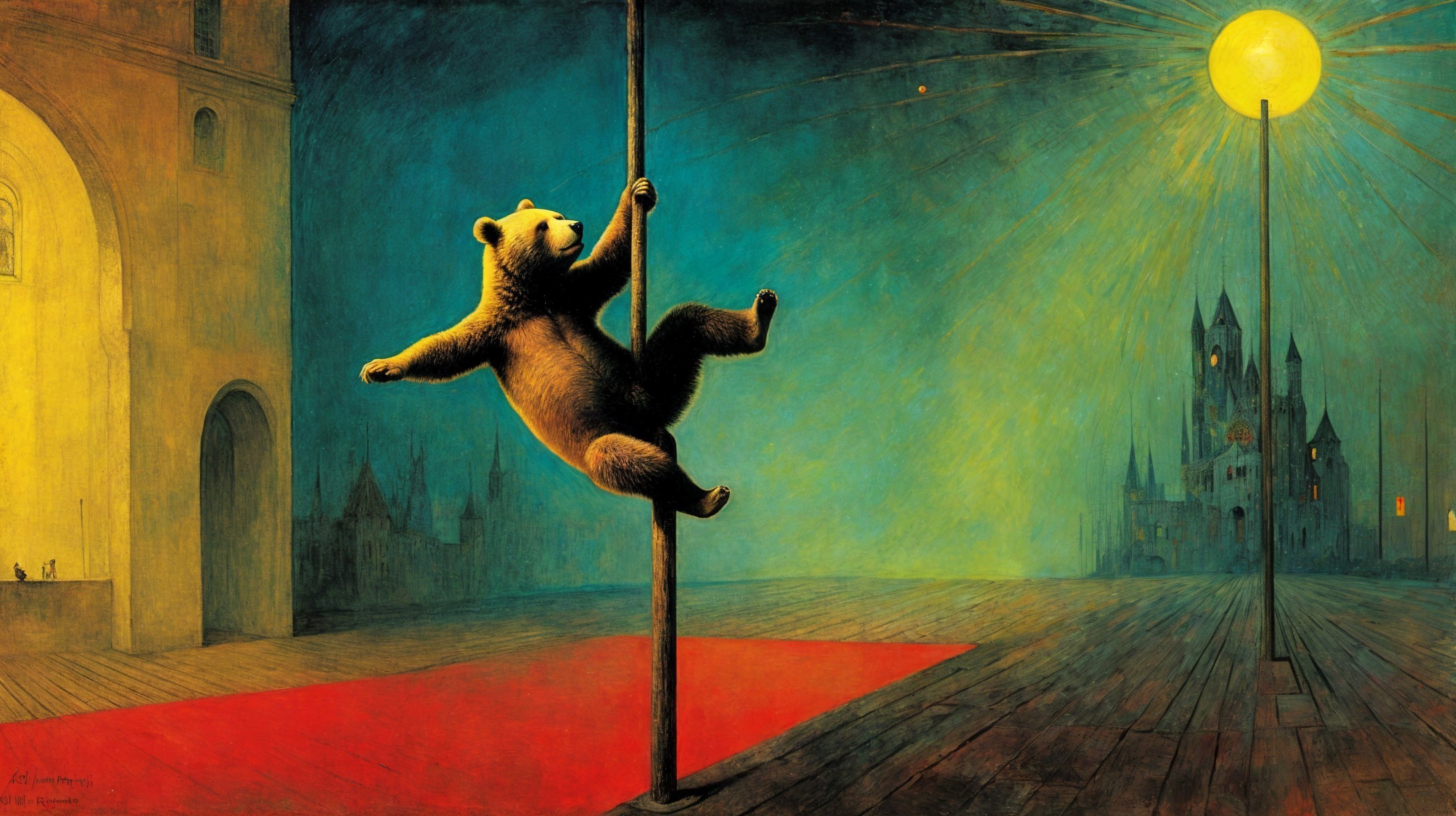 Bear Dancing on Pole Under Yellow Moonlight
