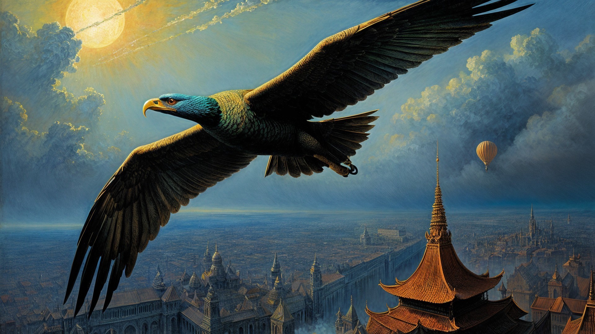 Eagle Soaring Over Ancient City with Dramatic Sky