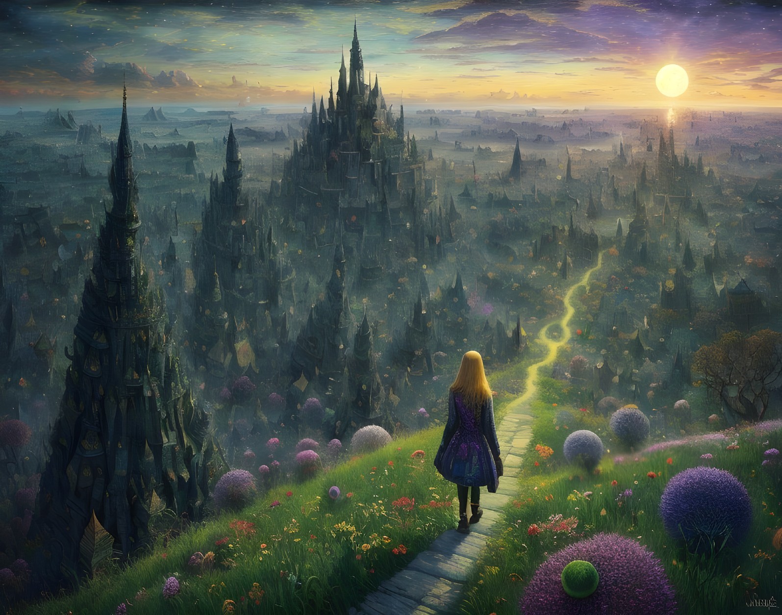 Serene Landscape with Sunset and Majestic Castle Spires