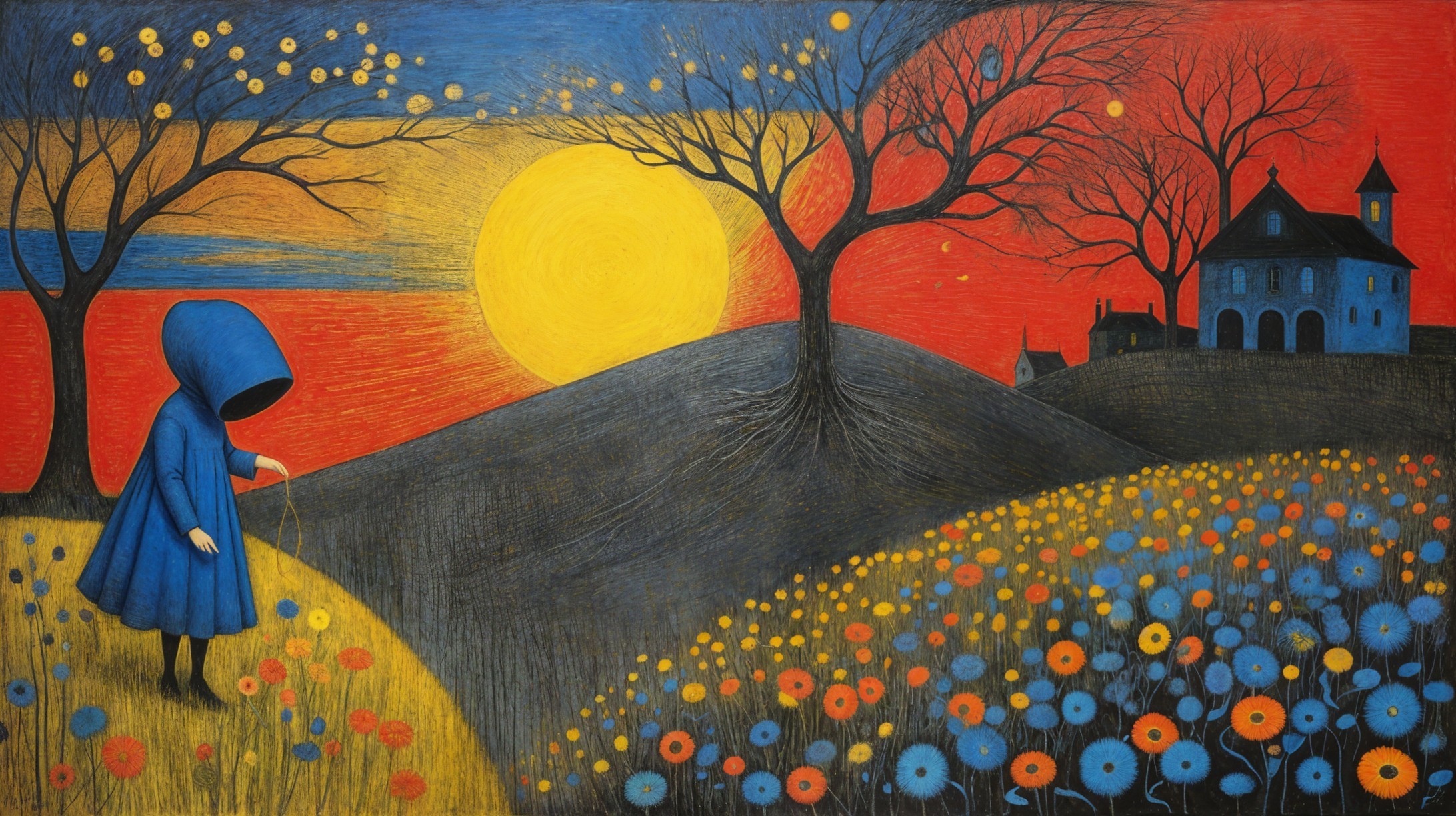 Whimsical Landscape with Sunset and Colorful Flowers