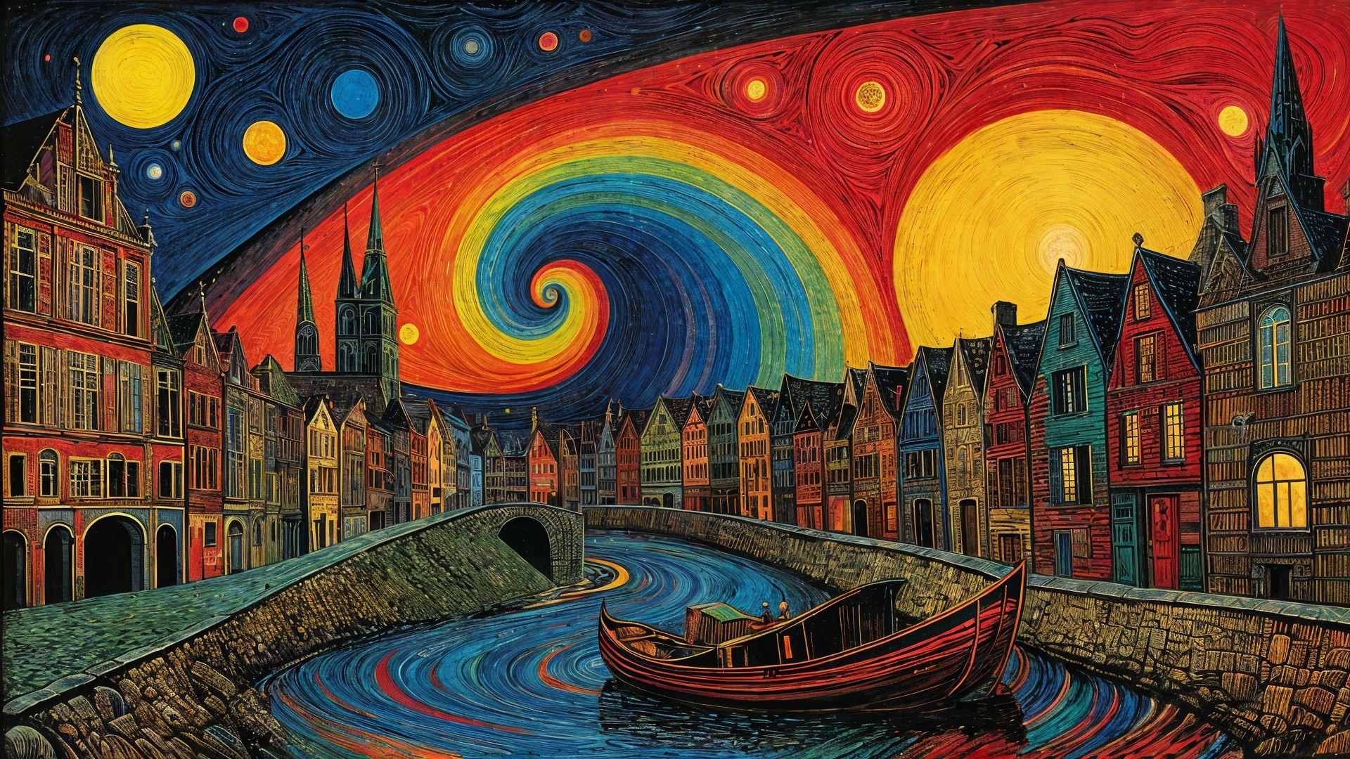 Vibrant Night Sky with Reflective Canal and Boat