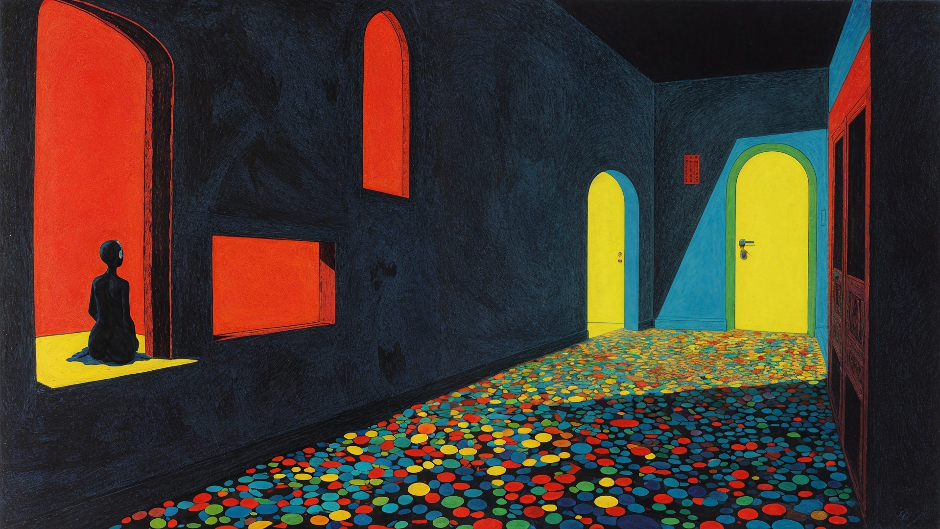 Dimly Lit Corridor with Colorful Circular Flooring