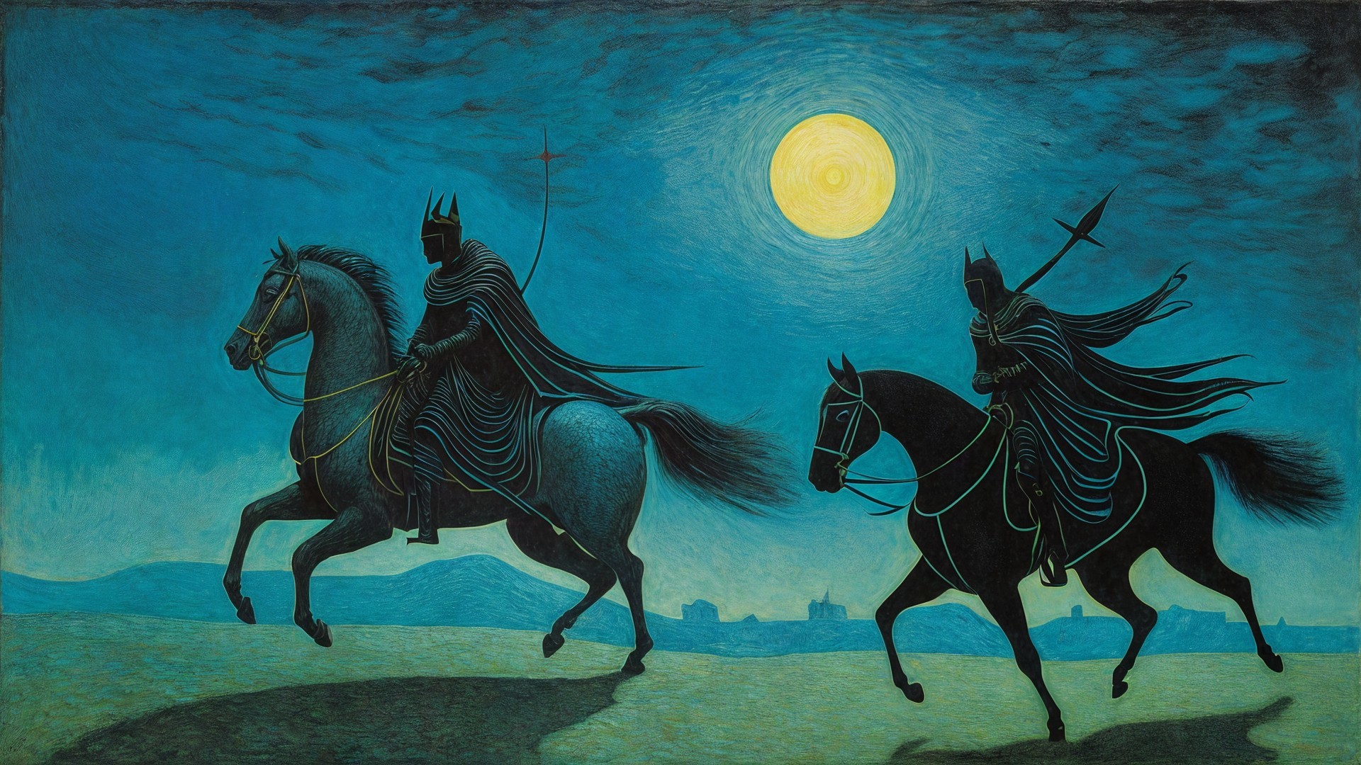 Shadowy Figures on Horseback in Moonlit Landscape