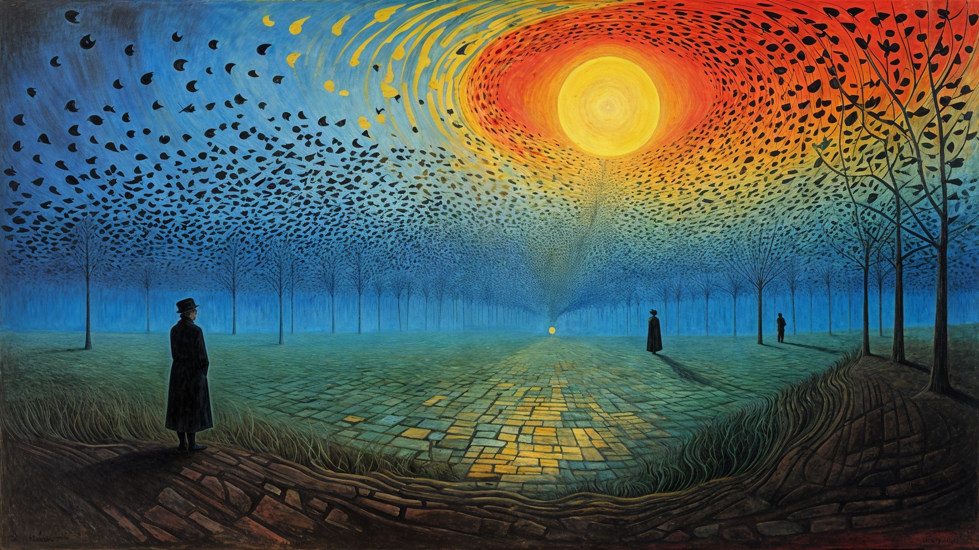 Surreal Landscape with Figures and Radiant Sun