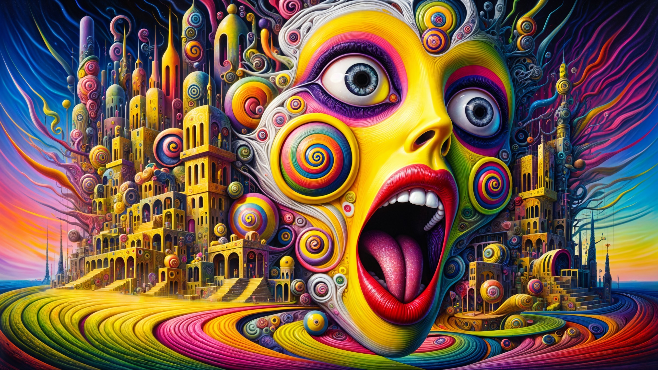 Surreal Colorful Landscape with Whimsical Cityscape