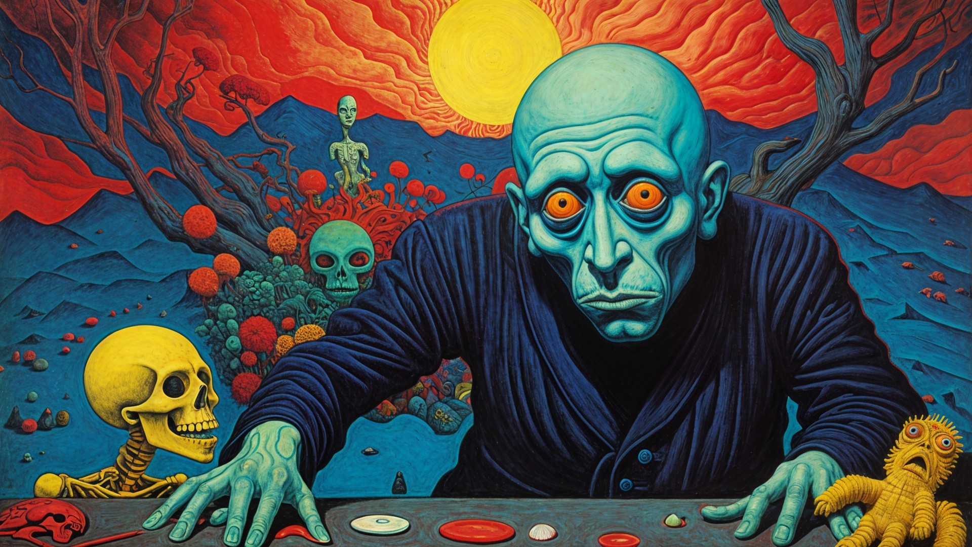 Surreal Scene with Blue-Skinned Figure and Skeletons