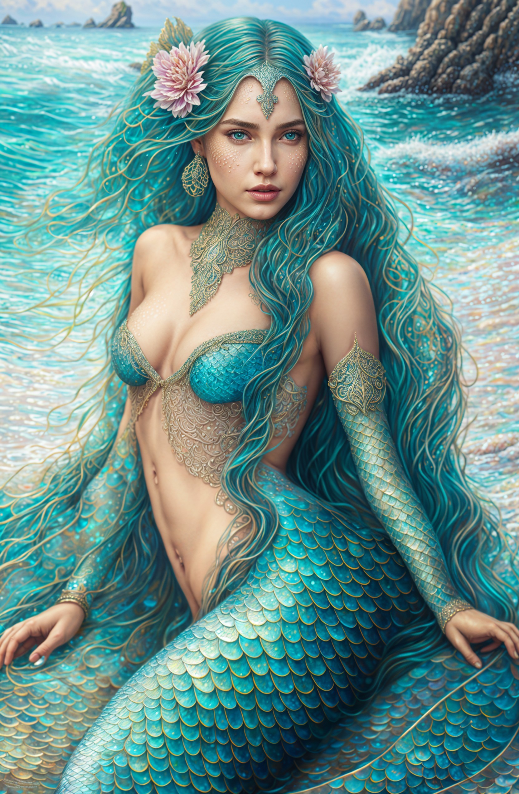 Mermaid with Turquoise Hair and Shimmering Tail