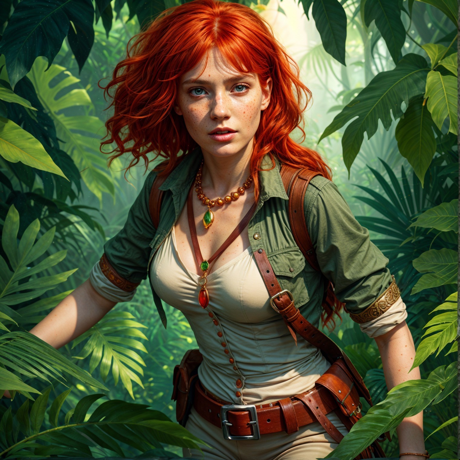 Young woman with red hair exploring a lush jungle