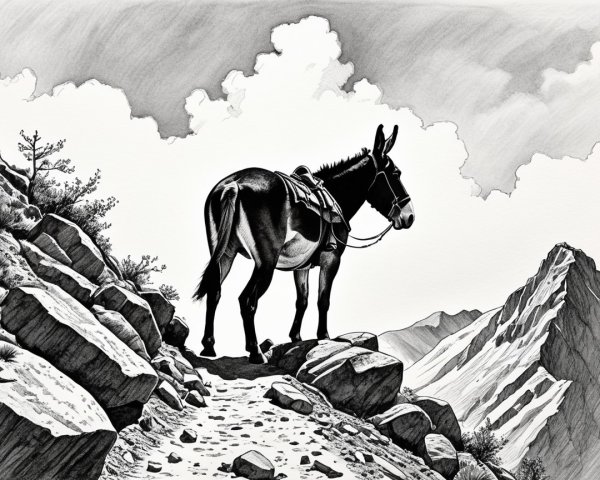 Donkey on Rocky Path Overlooking Mountain Landscape