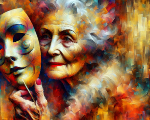 Elderly Woman Holding Colorful Mask in Vibrant Artwork