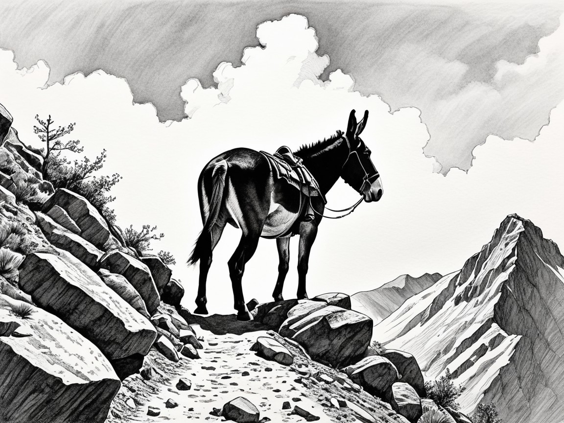 Donkey on Rocky Path Overlooking Mountain Landscape