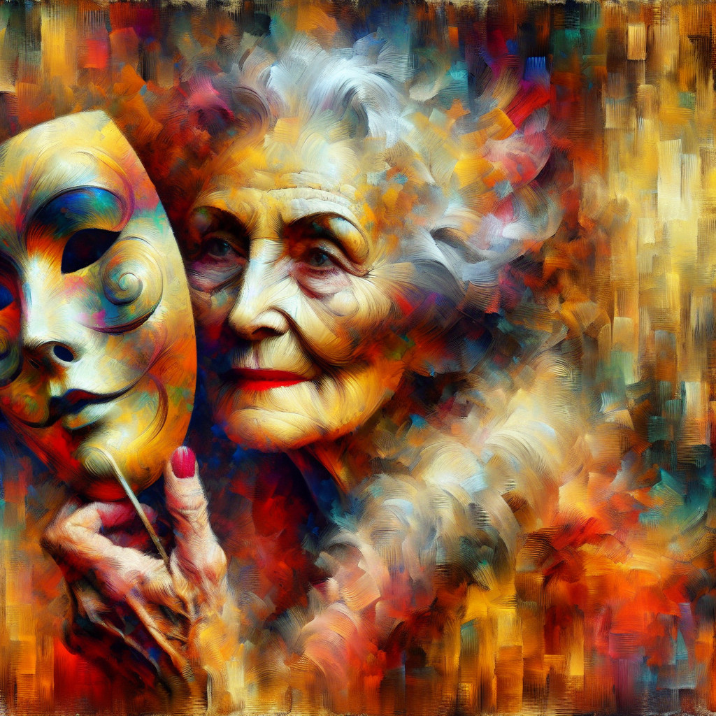 Elderly Woman Holding Colorful Mask in Vibrant Artwork