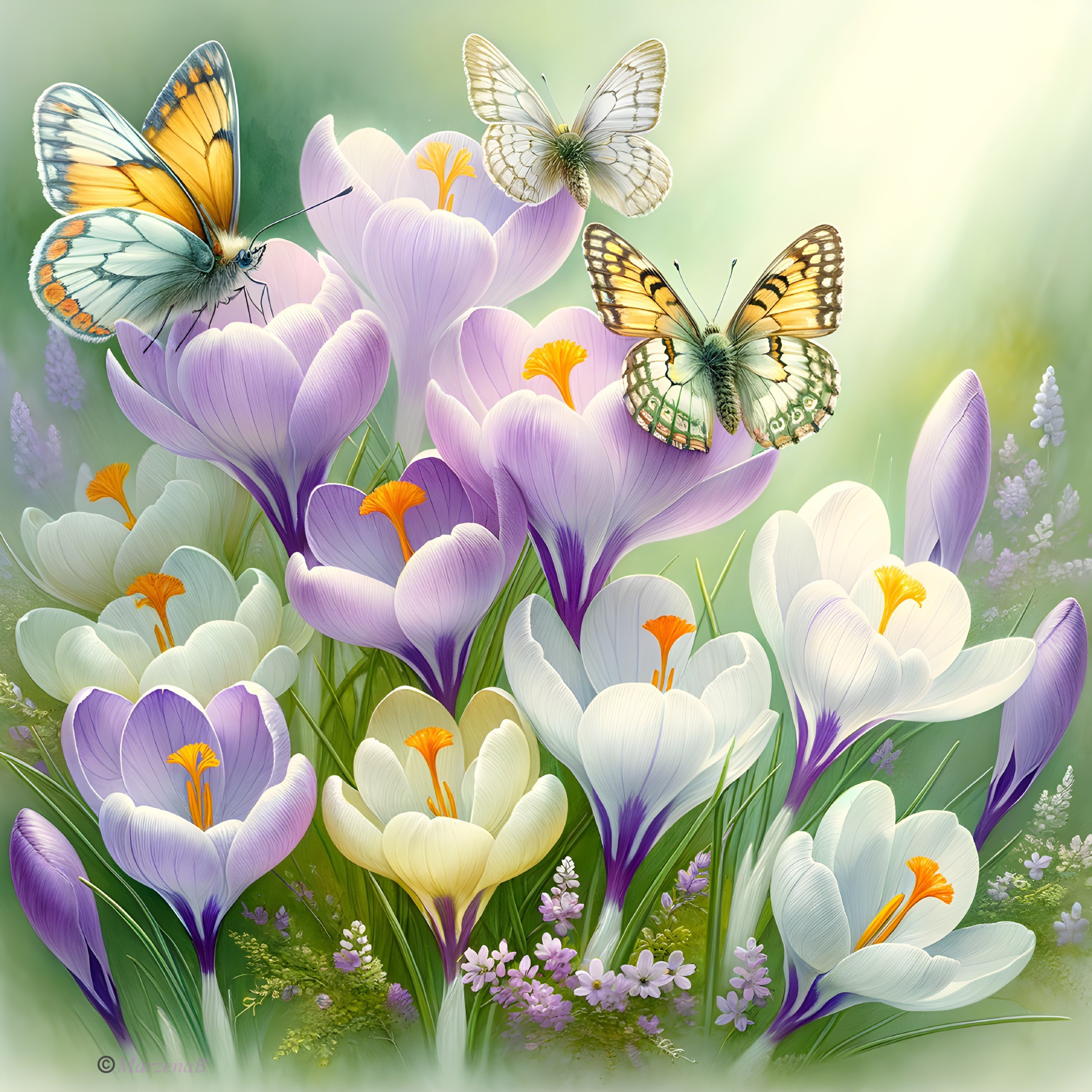Blossoming Crocuses and Butterflies in Spring Garden