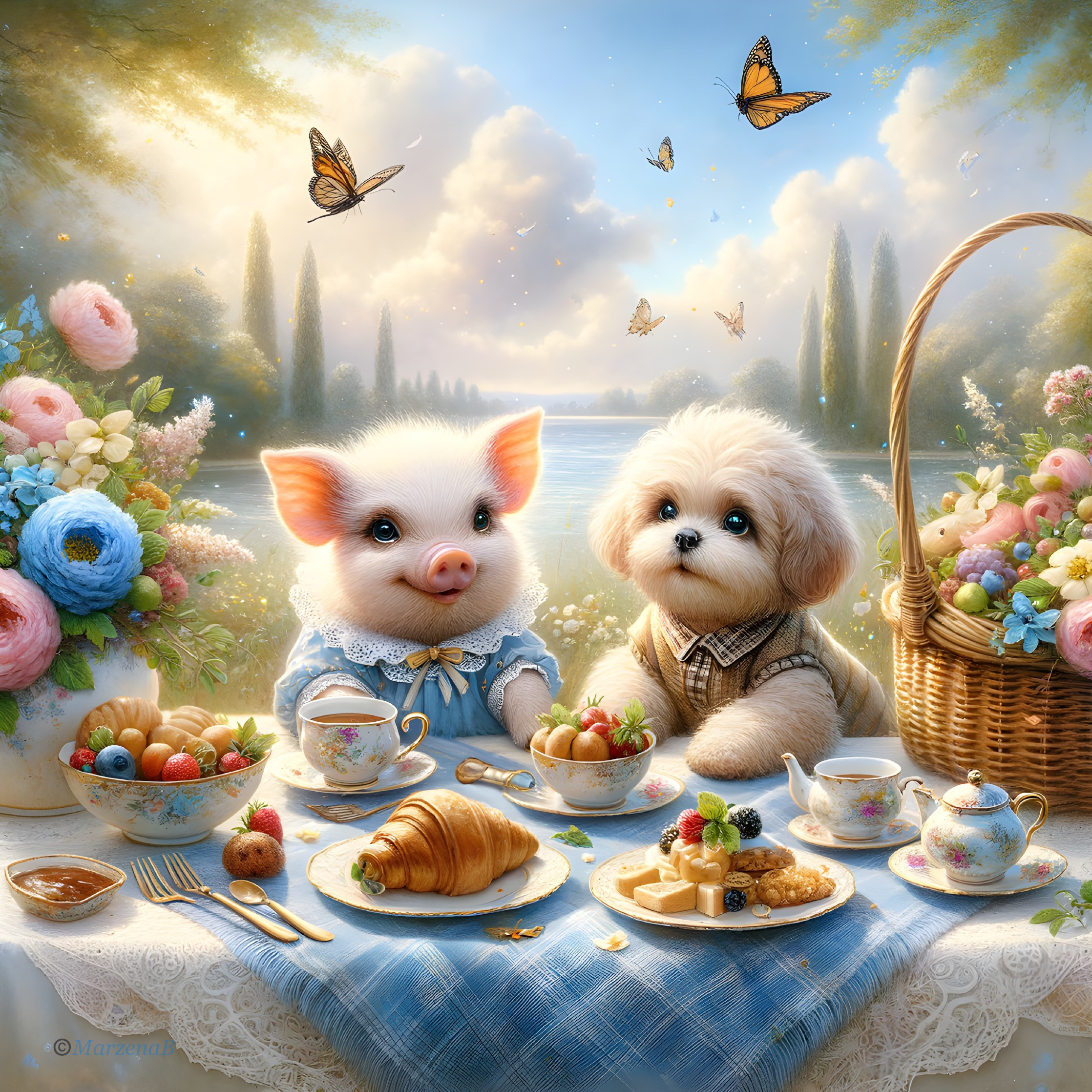 Whimsical Picnic Scene with Piglet and Dog by Lake