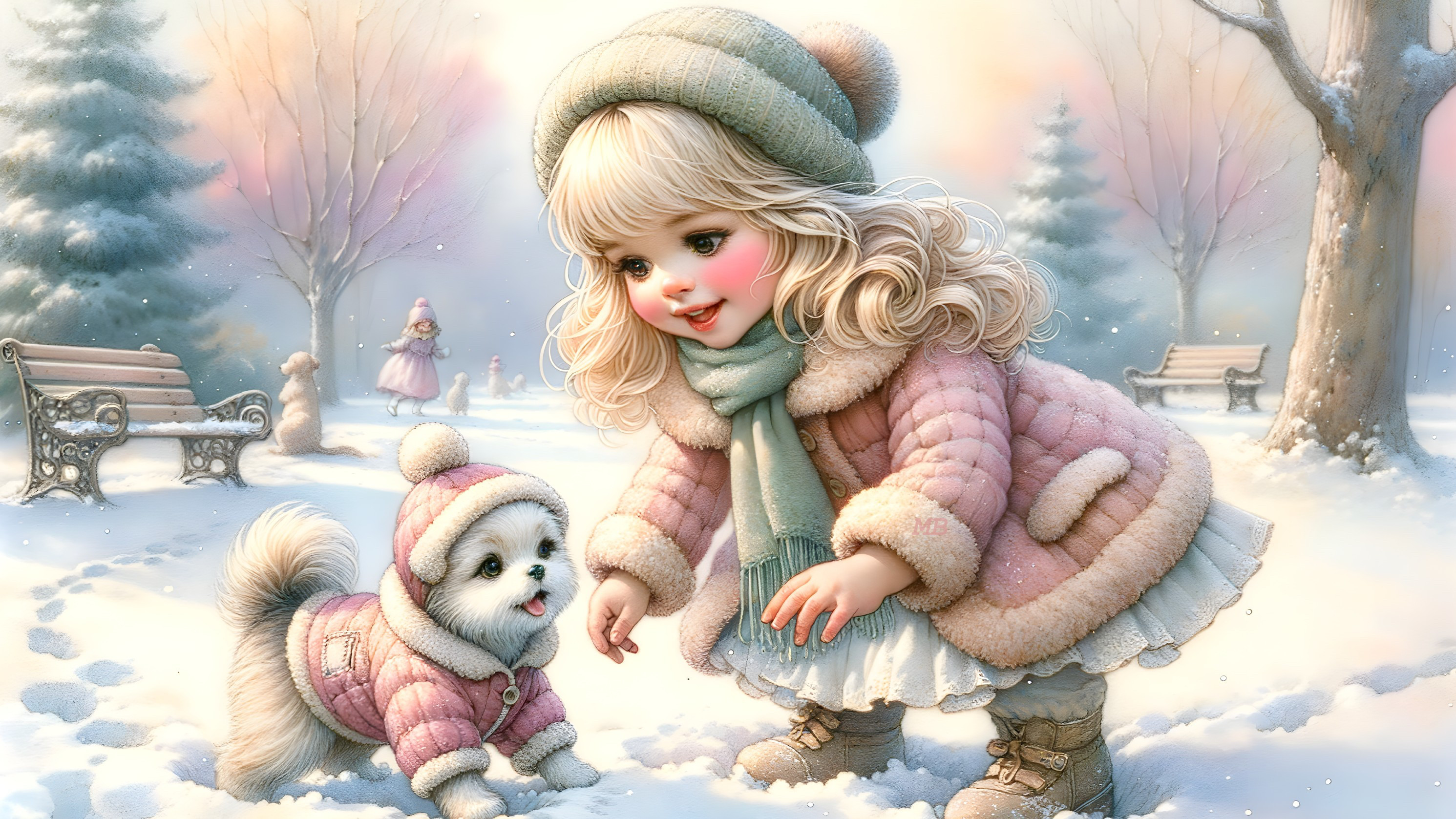 Cheerful girl and puppy in a snowy park setting