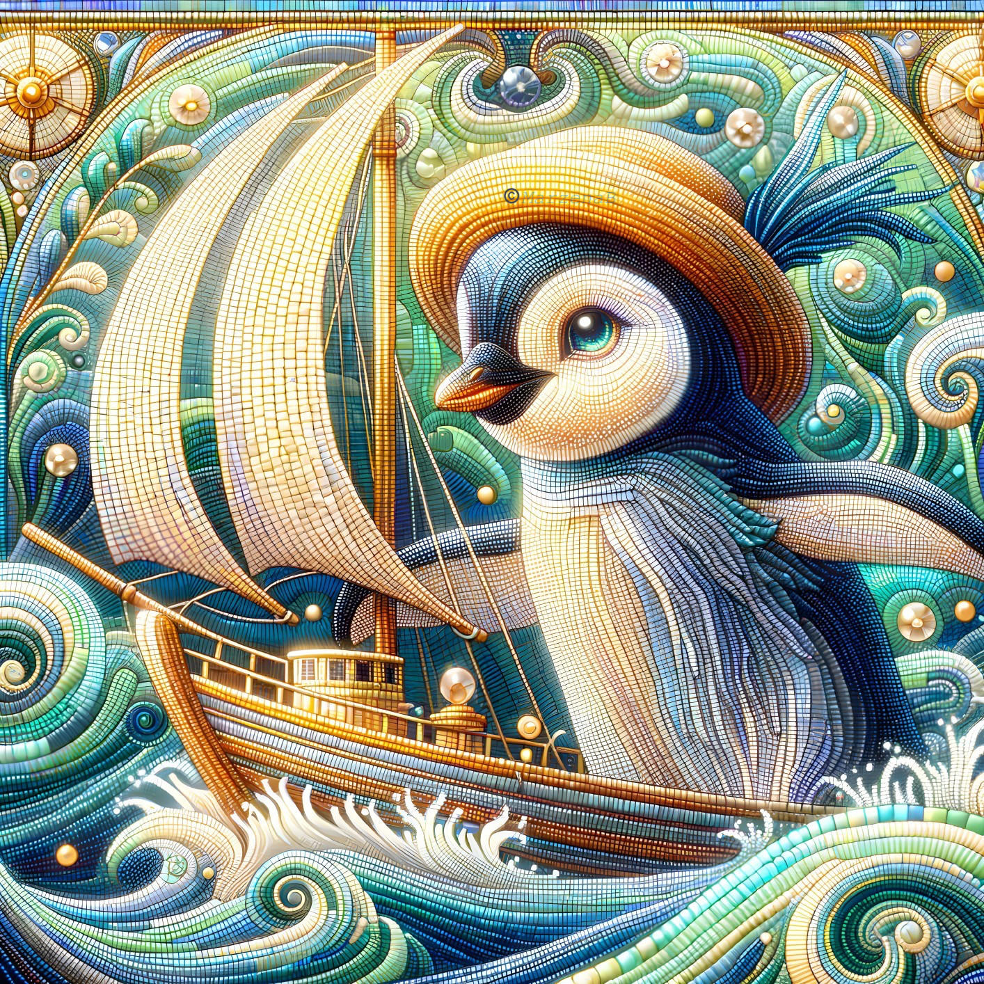 Anthropomorphic Penguin with Ship on Decorative Waves