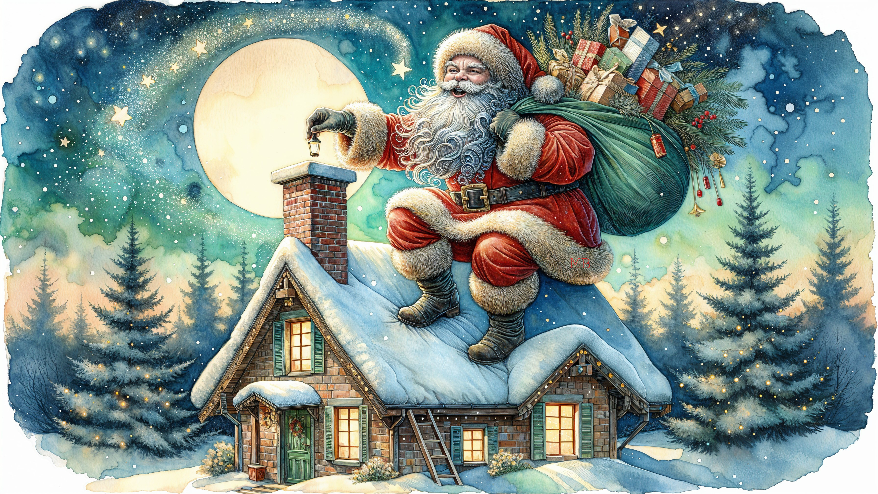 Santa Claus on a snowy roof with gifts and moonlight