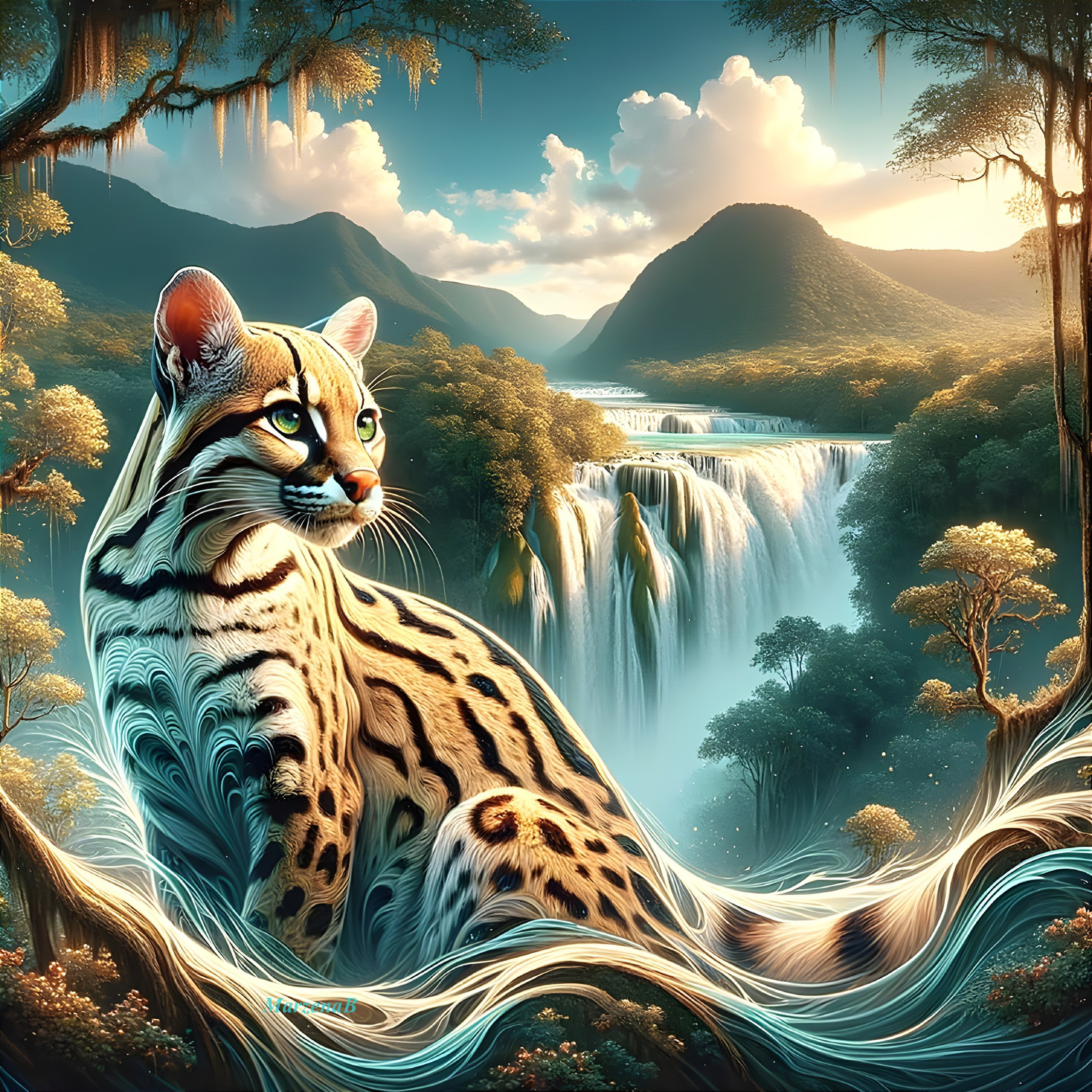 Wildcat by Waterfall in Lush Mountain Landscape