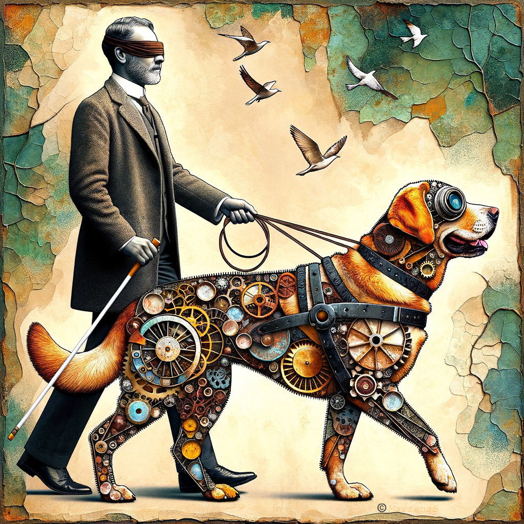 Blindfolded Man with Mechanical Dog in Earth-Toned Scene