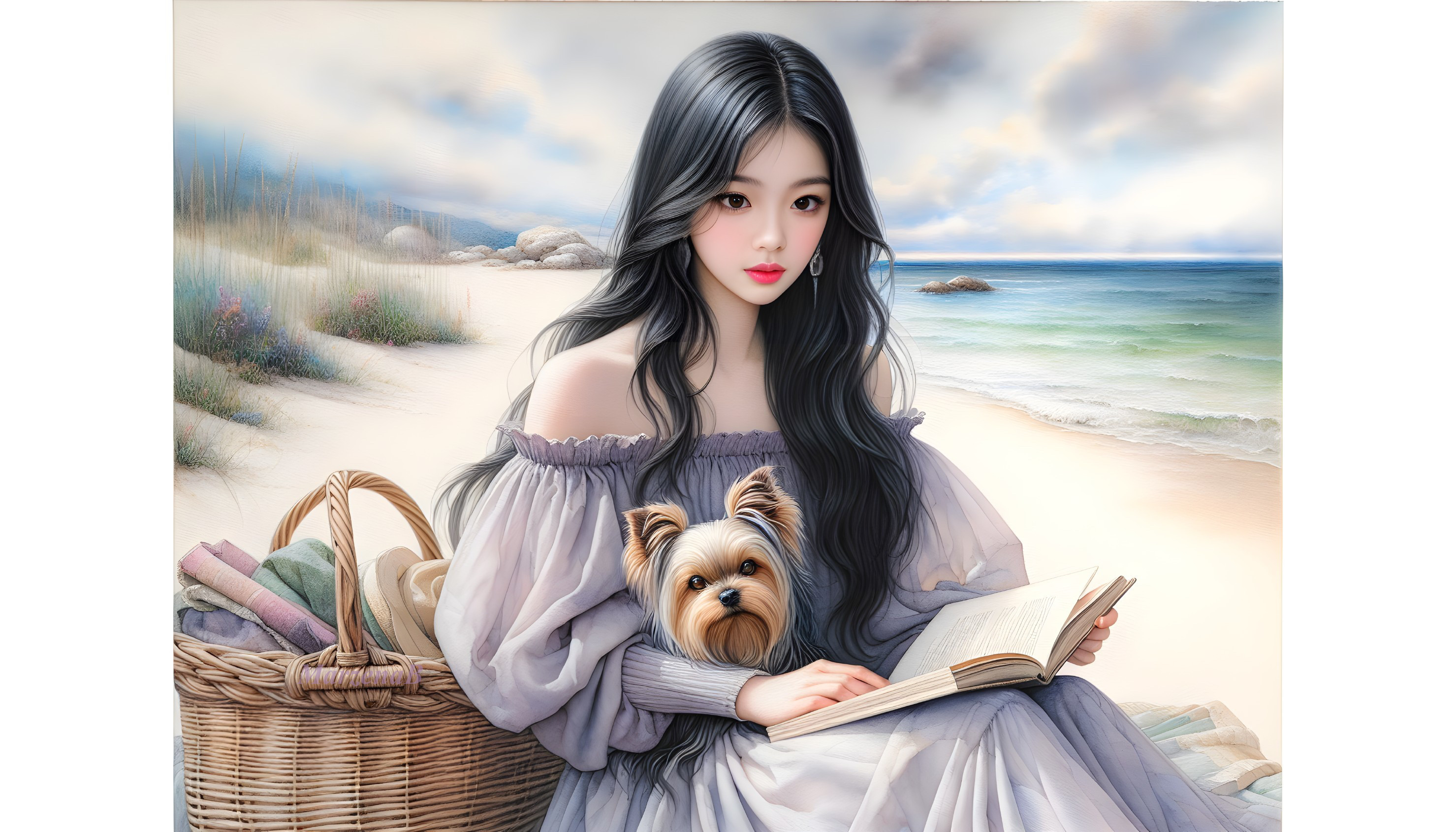 Serene beach scene with woman, dog, and books